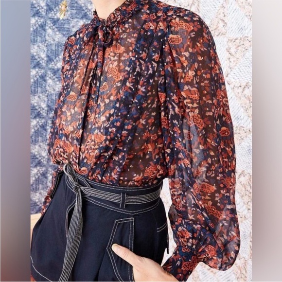 Ulla Johnson Silk Floral Long Sleeve Metallic Edith Blouse Size 2 Small Navy Top - Picture 2 of 16